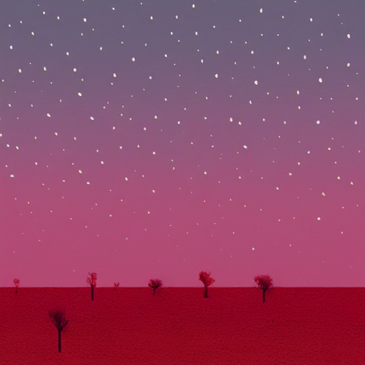 Dark green trees on a hill with crimson trees in the background. The sky is filled with polka dot stars.