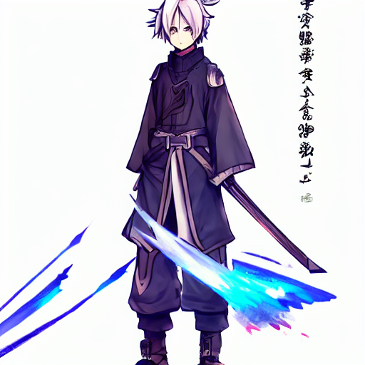 Male anime character wearing japanese samurai clothing, katana hanging on belt, with something blue-ish looking like projectiles of those fire/magic shooting swords in the foreground, unreadable writing on the top right corner